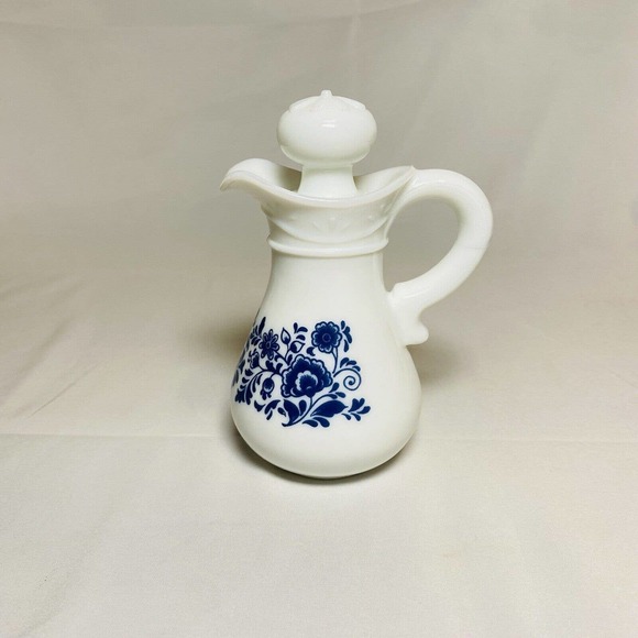 Vintage Avon Delft Blue Pitcher and Bowl EMPTY Milk Glass Floral Design - Picture 7 of 16